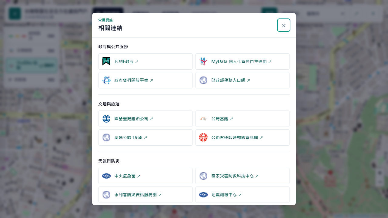 依政府、交通、氣象、購物、學習等主題整理的相關連結視窗