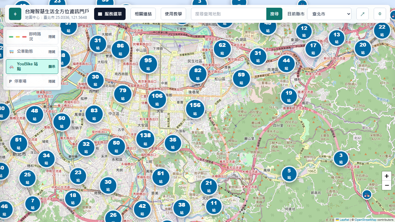 地圖左上角四個交通圖層按鈕與 YouBike 數量群組